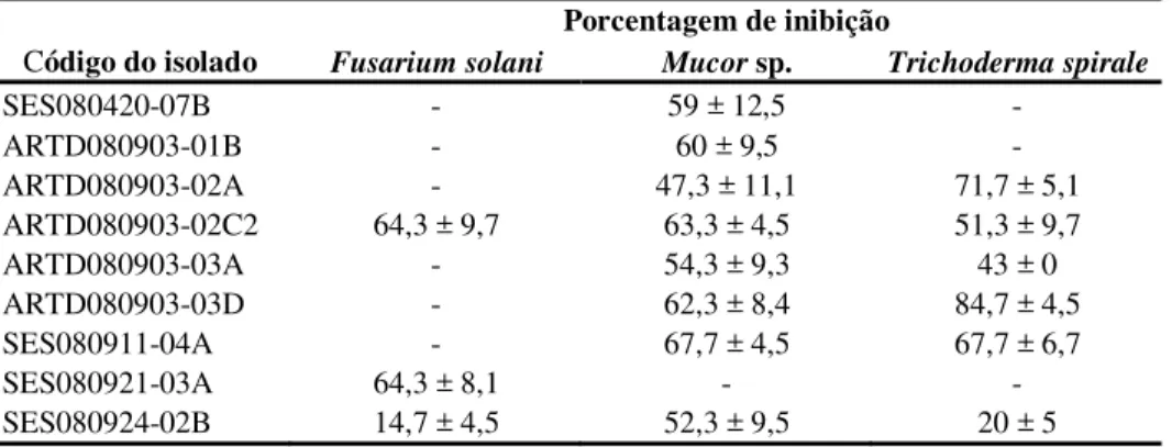 Tabela 4: Atividade inibitória de actinobactérias sobre fungos filamentosos isolados de  jardim  de fungo de Trachymyrmex sp
