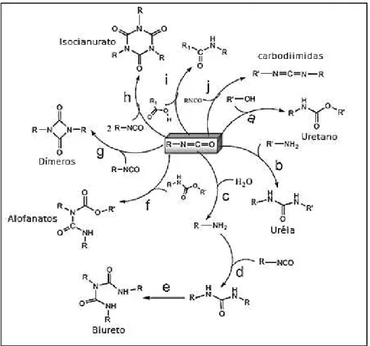 Figura 3.2: Reações Básicas do Isocianato com Diferentes Reagentes. Fonte:  Chattopadhyay, 2007