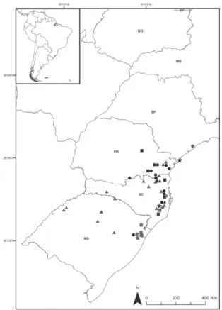 FIGURE  3: Map distribution of the species of Benthana from  southern Brazil.  : Benthana carijos sp. nov.;  : Benthana cairensis; 