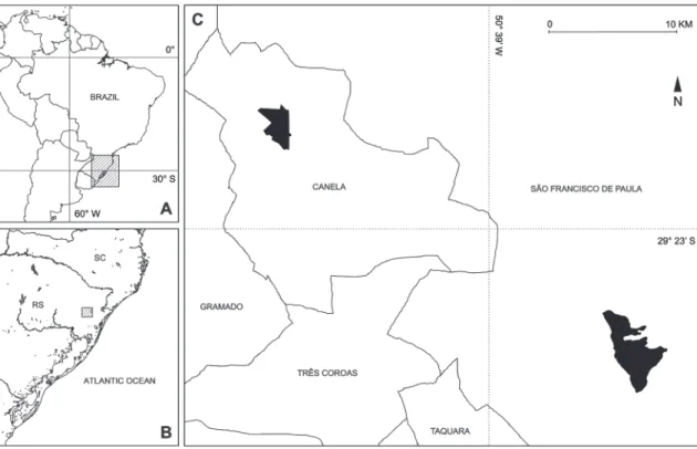 FIgURE 1: Location of the study areas (black polygons, “C”) in Canela (Floresta Nacional de Canela) and São Francisco de Paula (Parque  Natural Municipal da Ronda), Rio Grande do Sul (“B”), Brazil (“A”).