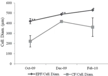 Fig. 6. Cellular mean diameters of previtellogenic oocytes of P. lineatus during the reproductive cycle
