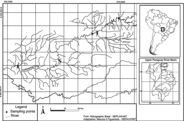Fig. 1. Location of the sampling sites. 1= Cuiabazinho River (CBZ I, 14º20’13.8”S 55º29’42.5”W); 2= Cuiabazinho River (CBZ II, 14º25’39.1”S 55º34’28.8”W); 3= Água Fina Stream (AFS, 14º25’50.7”S 55º34’14.5”W); 4= Cuiabazinho Stream (CBS, 14º26’13.8”S 55º36’