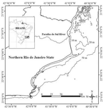 Fig. 1. Map of Brazil with Rio de Janeiro State and its northern coast, where adult female specimens of Trichiurus lepturus and their prey species were collected (21º18’S-22º25’S; until 50 m depth).