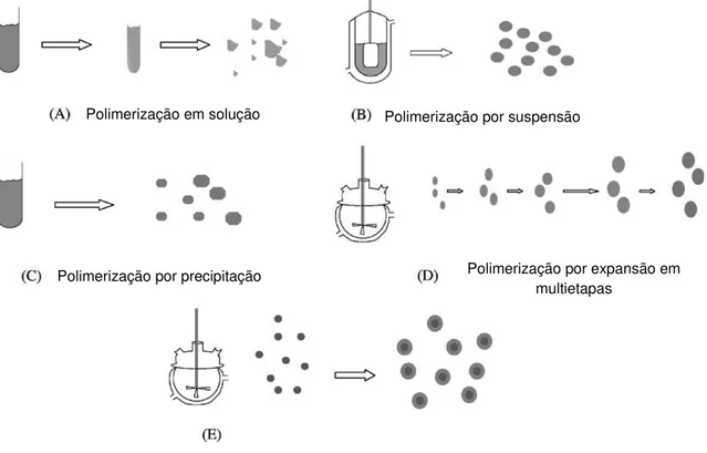 Figura 5: Representação esquemática das etapas de síntese dos diferentes processos  de polimerização (adaptado de PÉREZ-MORAL e MAYES, 2004)