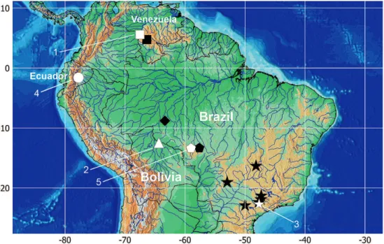 Fig. 4.  Map of central portions of South America showing distribution of Rhyacoglanis annulatus (squares; white square  (1) = type locality); R