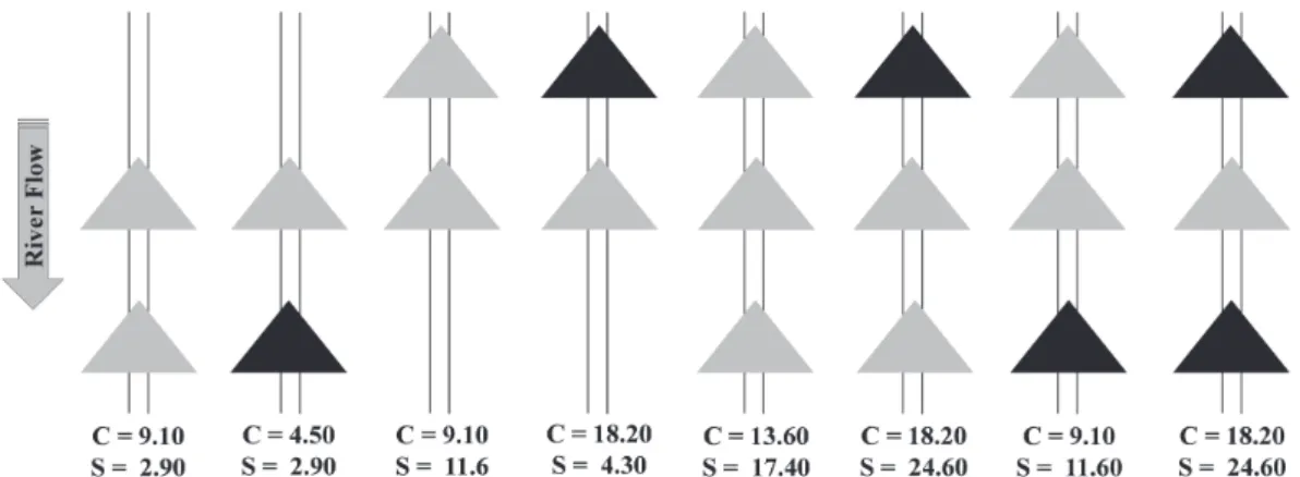 Fig. 3.  Connectivity of the studied dam (middle triangle) with upstream and downstream reaches, mediated by the presence/