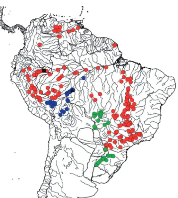 Fig. 12. Map of northern and central South America showing  the geographical distribution of species of Galeocharax