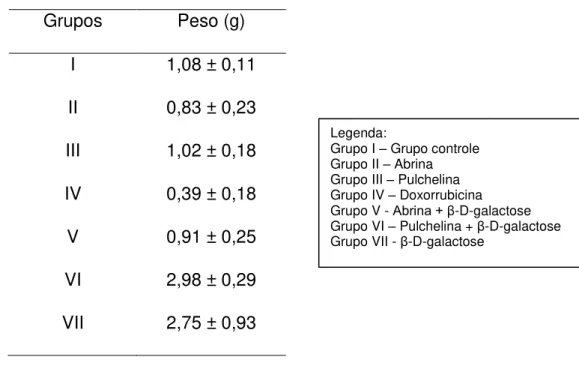 Tabela 1: Peso dos tumores após eutanásia dos animais e extração.  Grupos  Peso (g)  I  1,08 ± 0,11  II  0,83 ± 0,23  III  1,02 ± 0,18  IV  0,39 ± 0,18  V  0,91 ± 0,25  VI  2,98 ± 0,29  VII  2,75 ± 0,93 