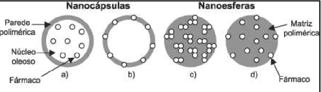 Figura 3.2: Representação esquemática de nanocápsulas e nanoesferas poliméricas: a)  fármaco dissolvido no núcleo oleoso das nanocápsulas; b) fármaco adsorvido à parede  polimérica das nanocápsulas; c) fármaco retido na matriz polimérica das nanoesferas; d