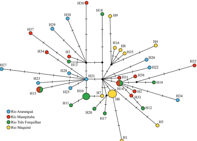 Tab. 3. Results  of  the  analysis  of  molecular  variance  (AMOVA) among and within Bryconamericus lethostigmus  populations for the mtDNA data.