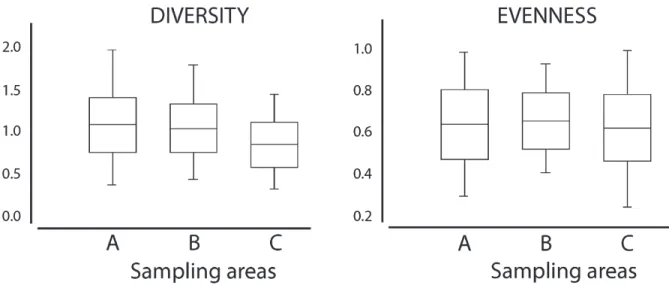 Figure 4. Diversity and equitability box plot of decapod species in Porto de Galinhas, Pernambuco, Brazil, showing the  values for the three sampling areas: Confined Water (A), Semi-open Water (B) and Open Water (C)