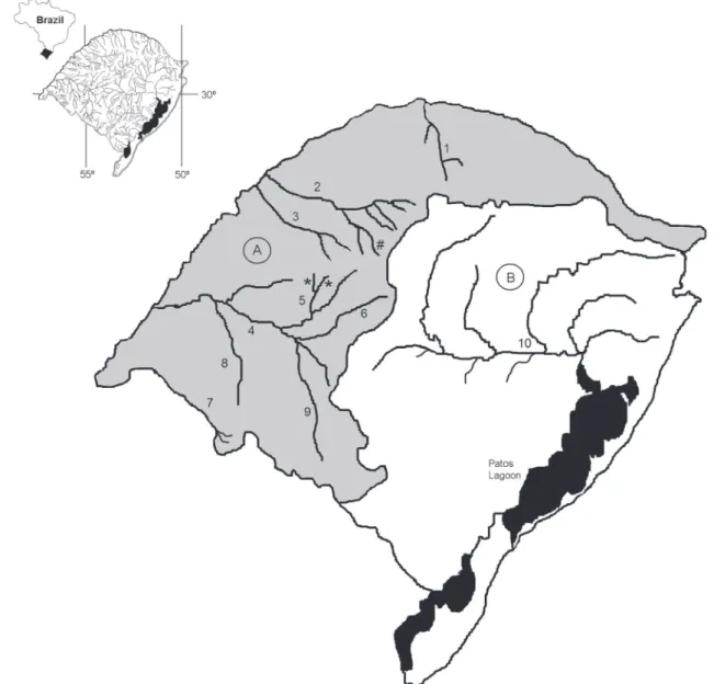 Figure 1. Map of the State of Rio Grande do Sul (Brazil) showing the main hydrographic basins and rivers: (A) Uruguay Basin (gray): 