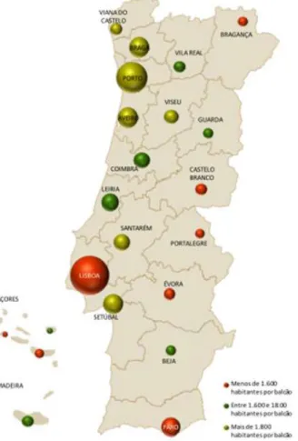Figura 1: Distribuição dos balcões e do número de habitantes por balcão, por distrito, a 31 de Dezembro  de 2011  