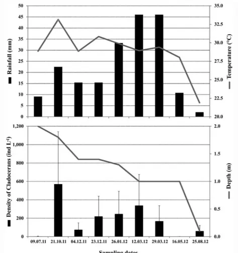 Figure 2. Monthly variation of the (A) mean water temperature (°C) and rainfall (mm), and (B) density (mean ± standard deviation; 