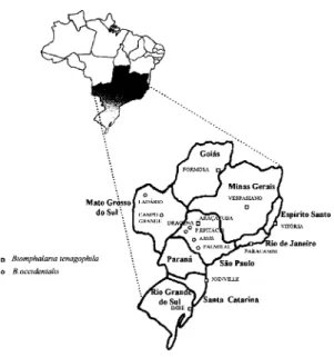 Fig. 1: map of the regions in Brazil showing the origin of the snail isolates (see Table).