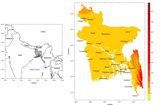 Figure 1. Geographic location of Bangladesh (left) in Southeast Asia within the coastal belt of Indian Ocean and the spatial distribution of currently active 32 rain-gauges (right) with altitudes (m above mean sea level) in the background
