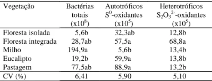 Tabela 2. Número mais provável de bactérias totais e microrganismos oxidantes de enxofre nos cinco solos (1) .