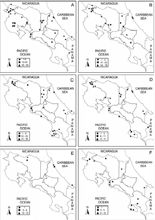 Fig. 2:  maps of Costa Rica showing the distribution of each of the six sylvatic species of triatomines found and their relative concentrations