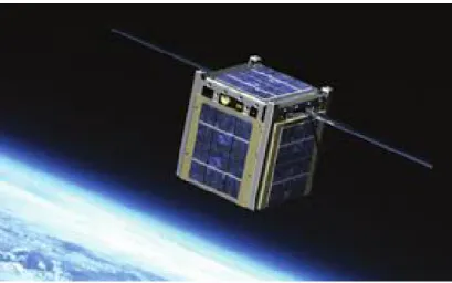 Figure 2.7: A 1U CubeSat with a wire antenna deployed in space - Image courtesy of Montana State University, Space Science and Engineering Laboratory