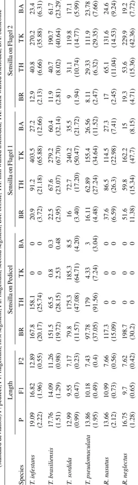 TABLE II Length and sensilla number on each segment of the antennae of  Triatoma infestans, T