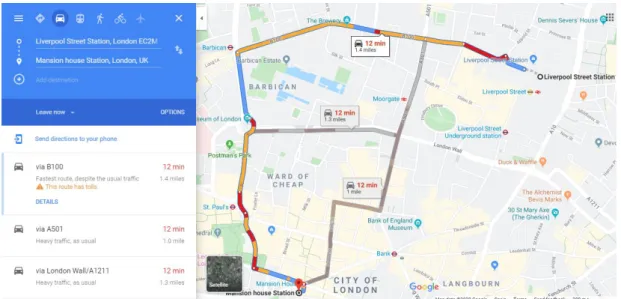 Figure 1.1: Google map application depicting the shortest route and potential alternatives between source-destination pair (GoogleMaps, 2019)