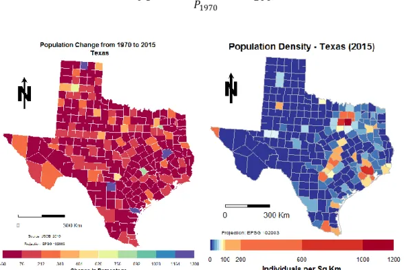 Figure 4-3. Left: Population Change given by percentage between the years of 2015-1970 for Texas; 