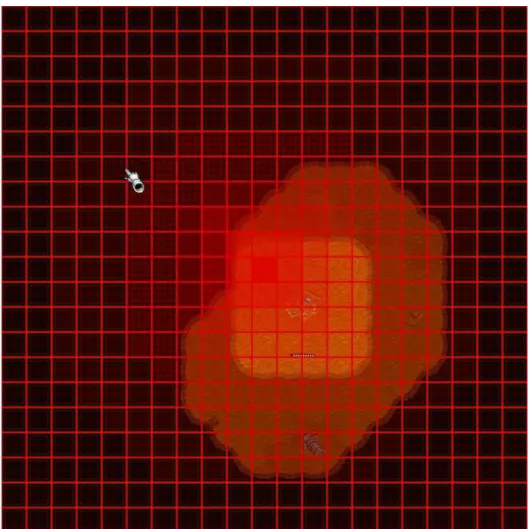 Figura 2.5. Renderização de depuração do jogo Wargus com um mapa de influência. Quanto maior a opacidade da célula, maior a influência
