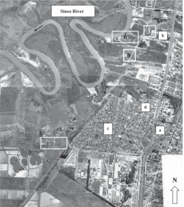 Fig. 2: partial aerial view of the municipality of Esteio, Rio Grande do Sul, Brazil, showing the confirmed transmission foci of schistoso- schistoso-miasis (identified with the number of individuals reporting contact with waters): 6: Banhado do Azeite; 3: