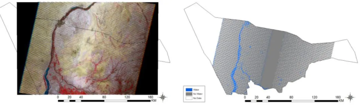 Figure 4: An example of an image acquired from Landsat 7 on October 06, 2006 (left), and the SLC  misclassification problem in classified flood extent map (right) 