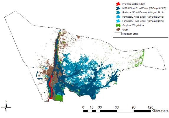 Figure 11: UNOSAT Flood Extent for 2013 flood event using images from Formosat 2, Radarsat 2, and  MODIS Terra 