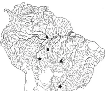 Fig. 6. Partial map of South America showing the type locali- locali-ties of species of Scoloplax