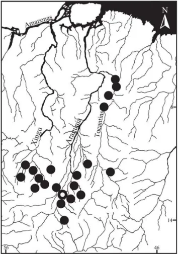 Fig. 3. Map of rio Tocantins, rio Xingu, and adjoining river basins, showing the geographic distribution of Hypostomus faveolus (type locality represented by open circle).