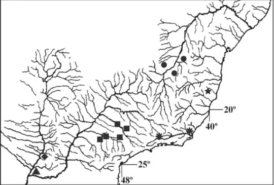 Fig. 3. Partial map of South America showing the distribution of the Microglanis parahybae species complex