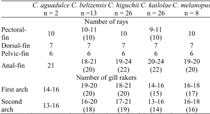 Table 1. Meristics for Cathorops aguadulce, C. belizensis, C. higuchii, C. kailolae and C