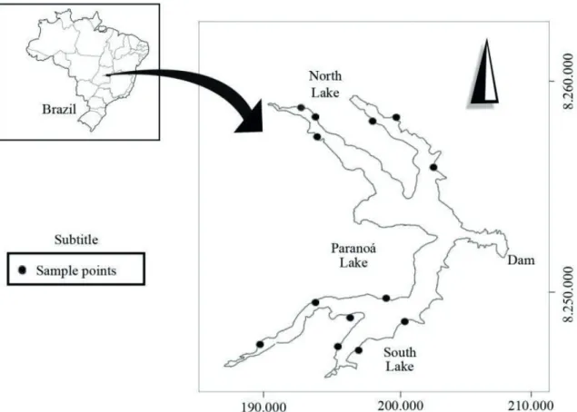 Figure 1.  Lake Paranoá, Federal District, Brazil. Black circles correspond to the sampling points.
