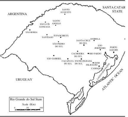 Fig. 1: map of the State of Rio Grande do Sul showing the location of municipalities where Trypanosoma cruzi strains were obtained