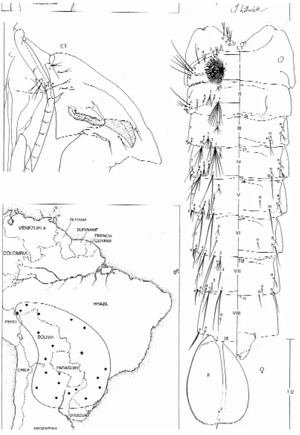 Fig. 1: Anopheles rondoni pupa and distribution map; the star indicates the type locality and the closed circles represent political units in which An