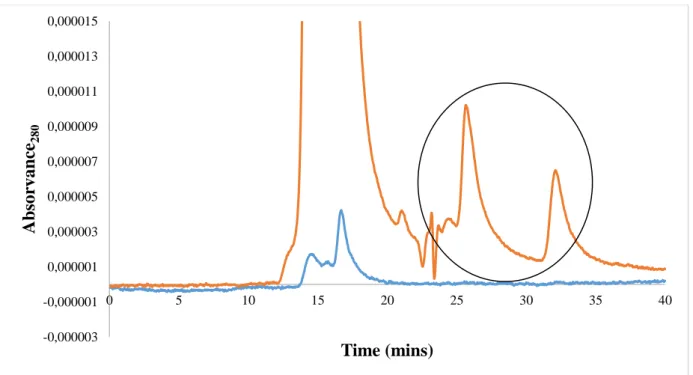 Figure 12 – SE-HPLC spectra of the top phase of the 18 wt % PEG 1000 + 13 wt % phosphate salt  buffer at  pH 6.0: ABS (orange) and the fraction obtained after the 4 th  ultrafiltration cycle (blue), with 