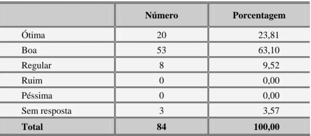 Tabela 18 – Relevância das informações co1etadas pelo SIAB  Número  Porcentagem  Ótima  20  23,81  Boa  53  63,10  Regular  8  9,52  Ruim  0  0,00  Péssima  0  0,00  Sem resposta  3  3,57  Total  84  100,00 