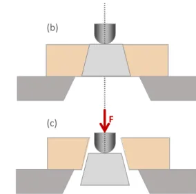 Figura 9 - Representação esquemática (a) de uma amostra obtida da raíz após cimentação do pino  de fibra de vidro e do posicionamento da ponta metálica acoplada à máquina de ensaios mecânico,  (b) vista lateral da mesma amostra e (c) extrusão do pino de fi