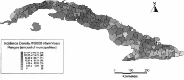 Fig. 4: invasive meningococcal disease. Incidence density in children under 1 year old according to municipalities