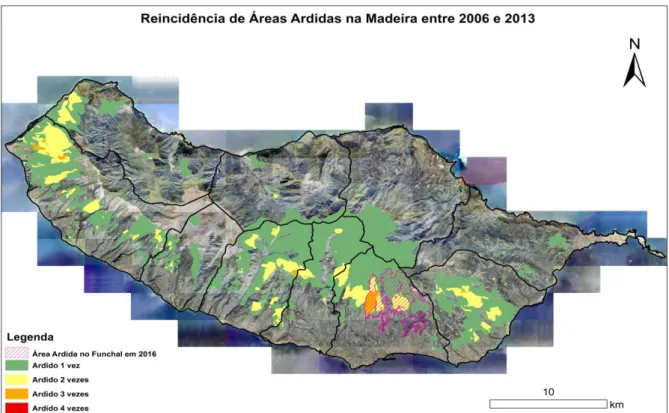 Figura 27- Reincidência de áreas ardidas na Ilha da Madeira (2006 a 2013) incluindo a área ardida em 2016  no Concelho do Funchal