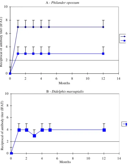 Fig. 2:  levels of total anti-Trypanosoma cruzi antibodies in five Philander opossum from a litter infected with the Y and C13 strains (A) and Didelphis marsupialis infected with the C13 strain (B)