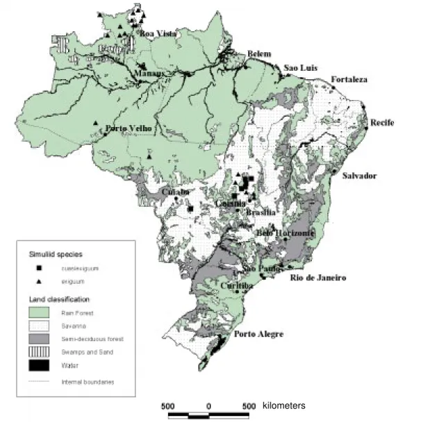 Fig. 49: distributions of Simulium exiguum and S. cuasiexiguum in Brazil in relation to vegetationkilometers