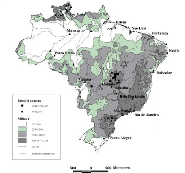 Fig. 50. distributions of Simulium exiguum and S. cuasiexiguum in Brazil in relation to altitude