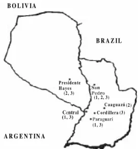 Fig. 1: geographical location of the different Paraguayan stocks. 1, 2 and 3 correspond to the subgroups of zymodemes found.