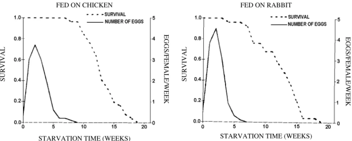 Fig. 1: survivorship curves and number of eggs/females/week of Rhodnius neivai fed once as adults.