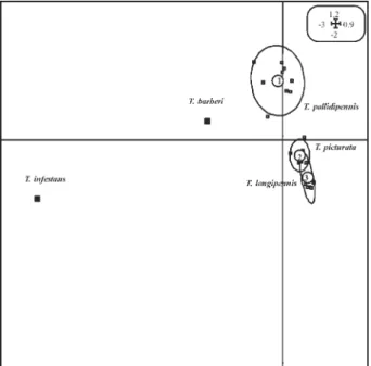 Fig. 3: multiple correspondence analysis of the 29 triatomine samples analyzed by random amplification of polymorphic DNA