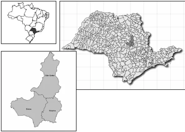 Figura 2 – Localização dos Municípios de São Carlos, onde se encontra o CDCC, e  Itirapina e Brotas, região onde se localiza a Bacia Hidrográfica do Rio Itaqueri.