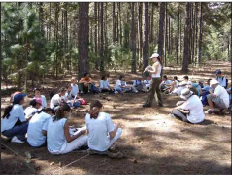 Figura 8 – Monitora e grupo de estudantes em monocultura de Pinus.